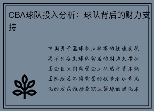 CBA球队投入分析：球队背后的财力支持