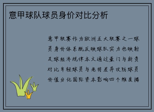 意甲球队球员身价对比分析