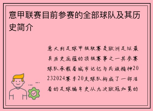 意甲联赛目前参赛的全部球队及其历史简介